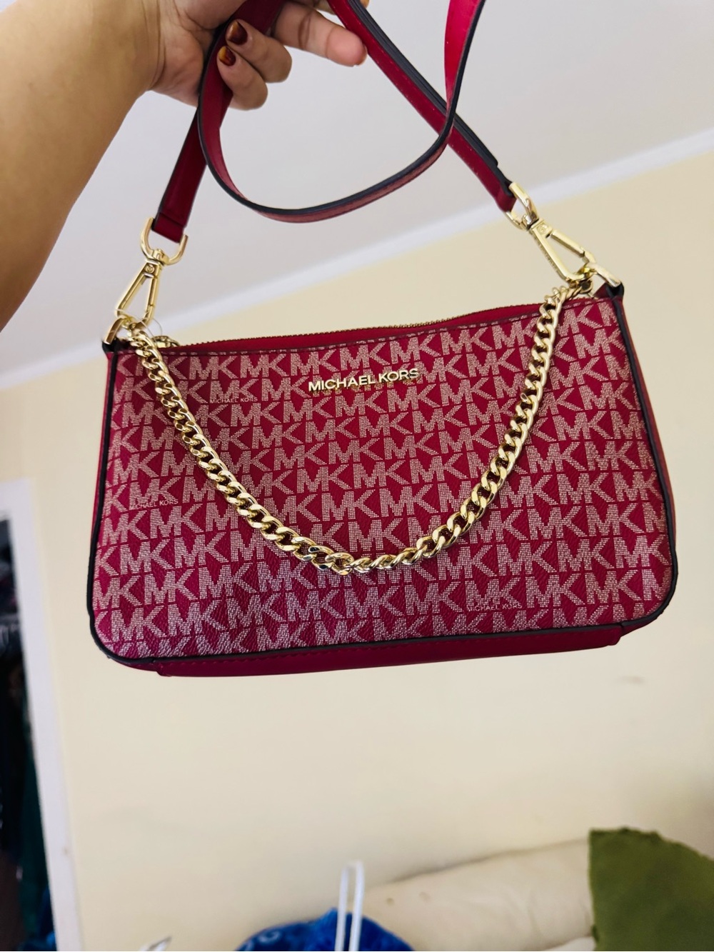 Michael Kors Burgundy MK Logo Shoulder Bag with Gold Chain